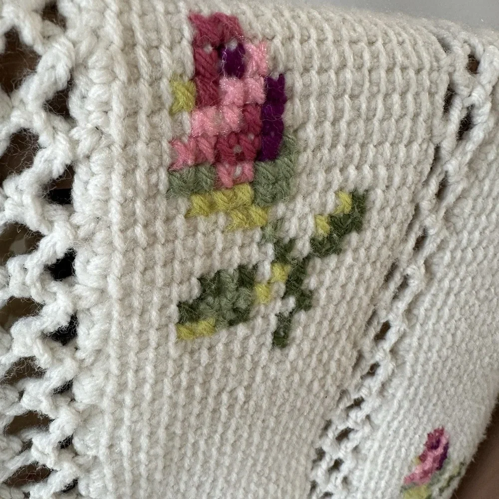 Hand Crochet Afghan Blanket Throw Cottage Rose Cross Stitch Cottagecore 75x60